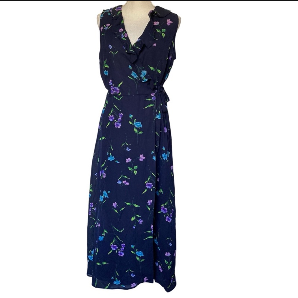 90’s Navy Floral Printed Wrap Style Maxi Dress